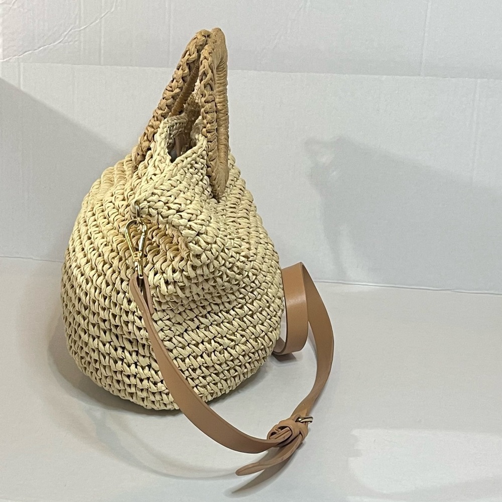 Zara Beige Woven Straw Crossbody Bag with Tan Leather Strap - Picture 4 of 11